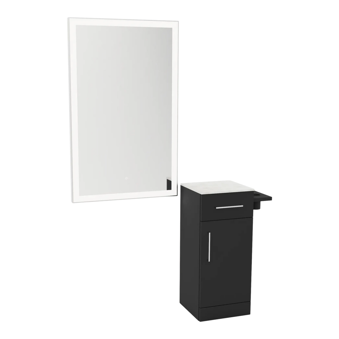 Nova Wall Mount Styling Station with Concealed Appliance Holder, Solid Surface Countertop, and Silver Rectangle Glo Mirror - Kaemark