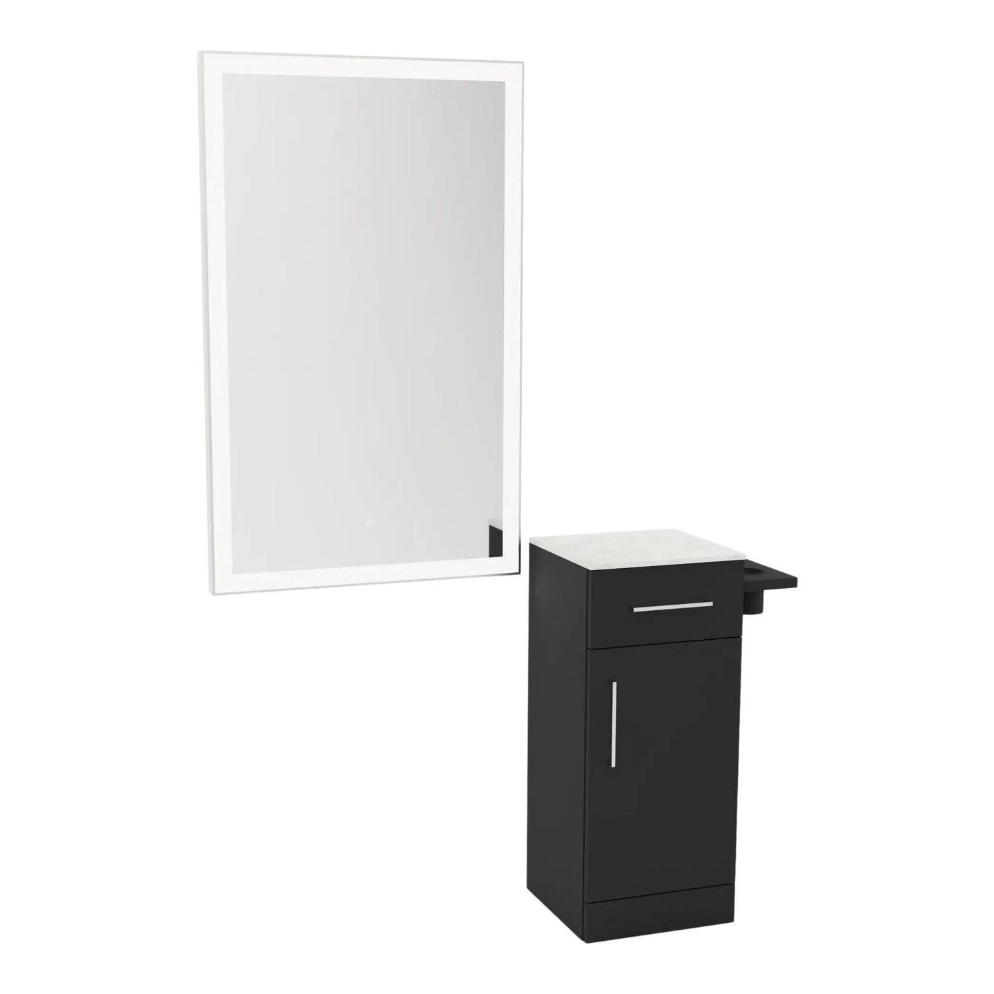 Nova Wall Mount Styling Station with Concealed Appliance Holder, Solid Surface Countertop, and Silver Rectangle Glo Mirror - Kaemark