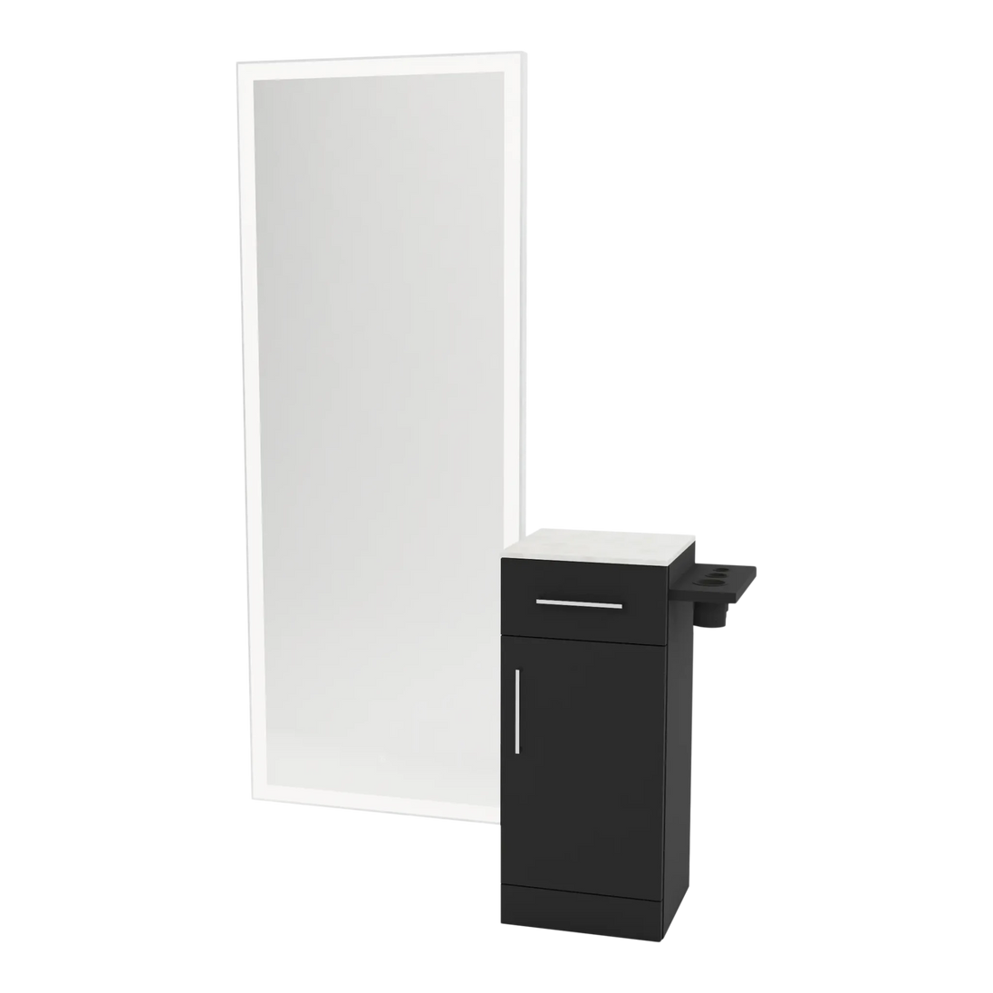 Nova Tower Free Standing Styling Station with Side-Mount Appliance Holder, Solid Surface Countertop, and Silver Full-Length Rectangle Glo Mirror - Kaemark