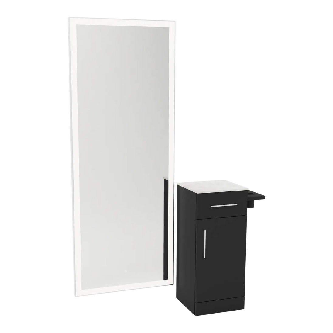 Nova Tower Free Standing Styling Station with Side-Mount Appliance Holder, Solid Surface Countertop, and Silver Full-Length Rectangle Glo Mirror - Kaemark