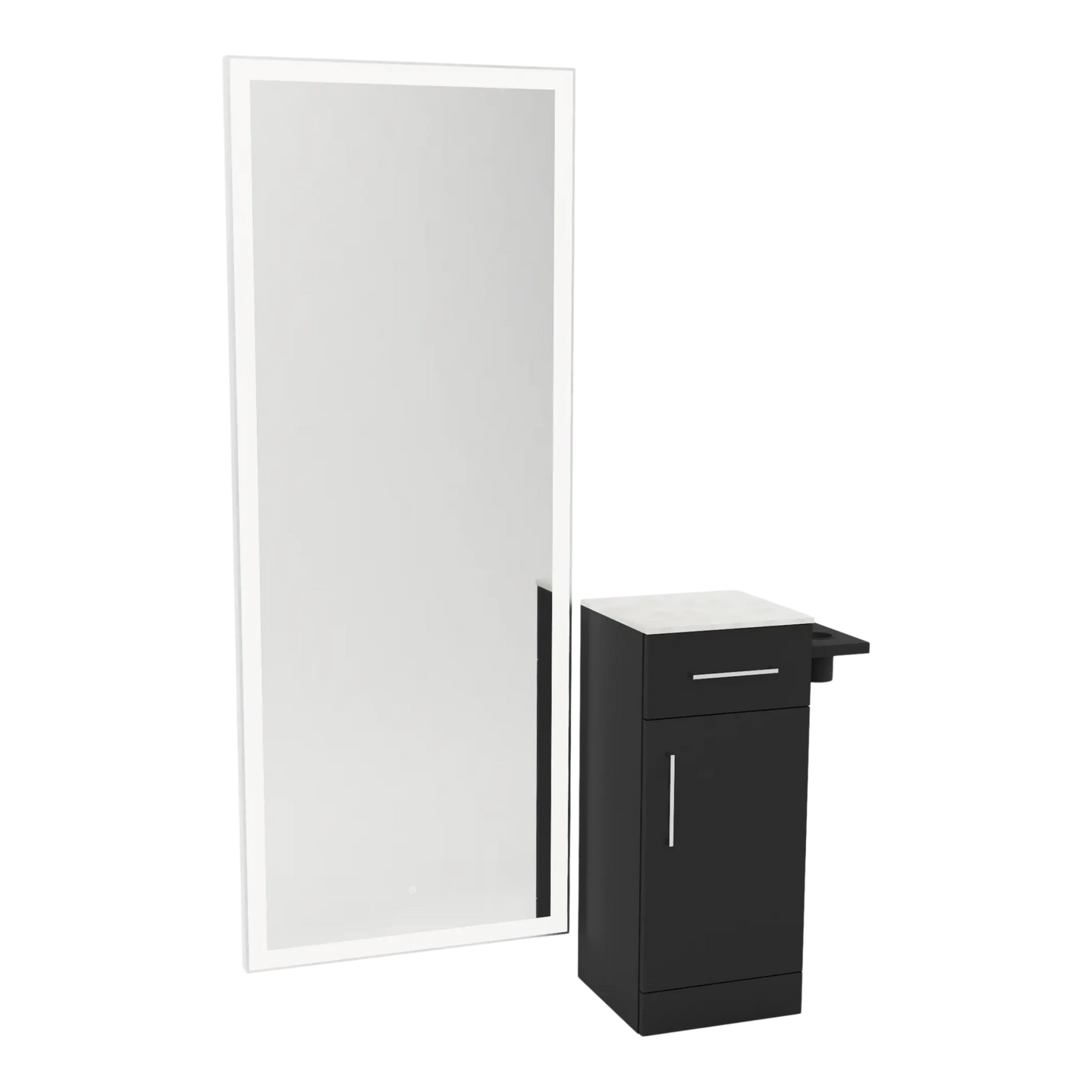 Nova Tower Free Standing Styling Station with Side-Mount Appliance Holder, Solid Surface Countertop, and Silver Full-Length Rectangle Glo Mirror - Kaemark