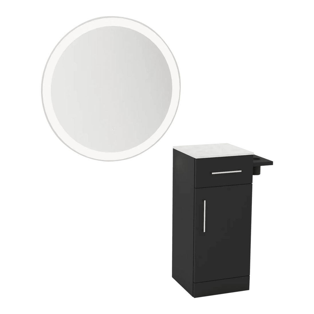 Nova Tower Free Standing Styling Station with Side-Mount Appliance Holder, Solid Surface Countertop, and Silver Round Glo Mirror - Kaemark