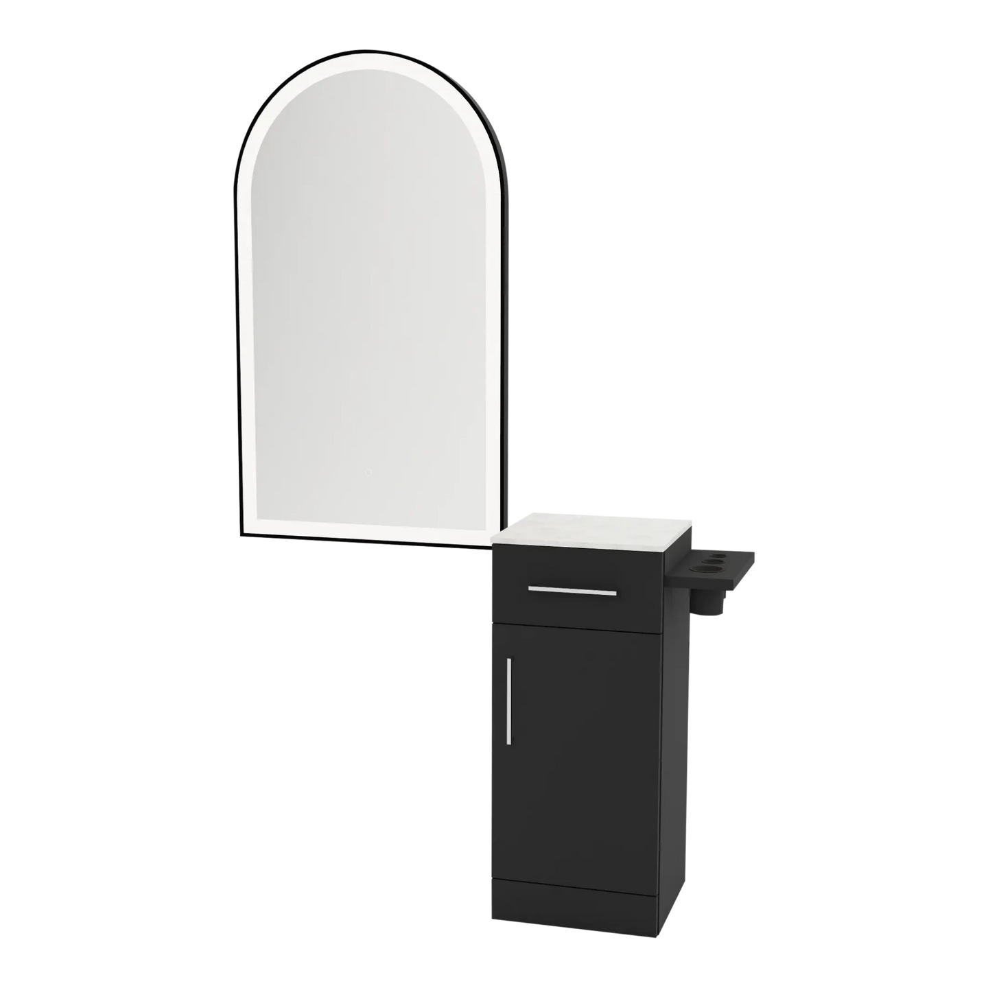 Nova Tower Free Standing Styling Station with Side-Mount Appliance Holder, Solid Surface Countertop, and Black Arch Paloma Mirror - Kaemark
