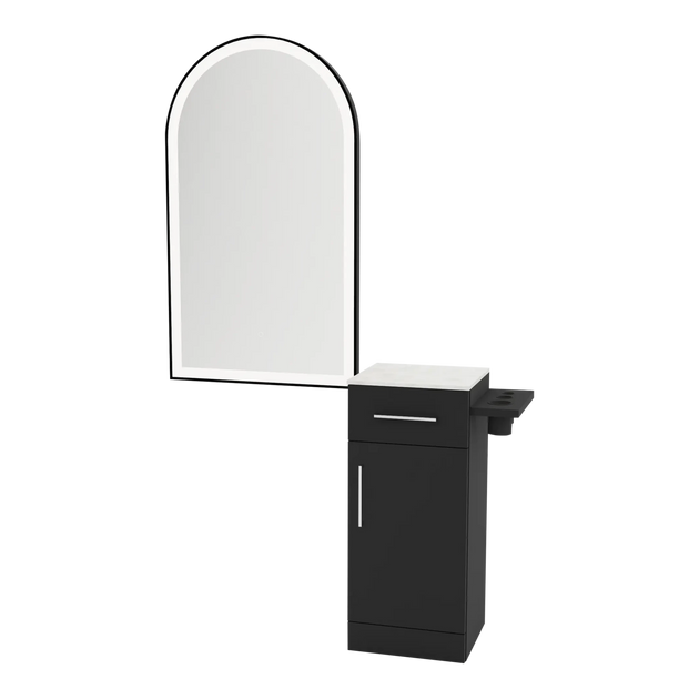 Nova Tower Free Standing Styling Station with Side-Mount Appliance Holder, Solid Surface Countertop, and Black Arch Paloma Mirror - Kaemark