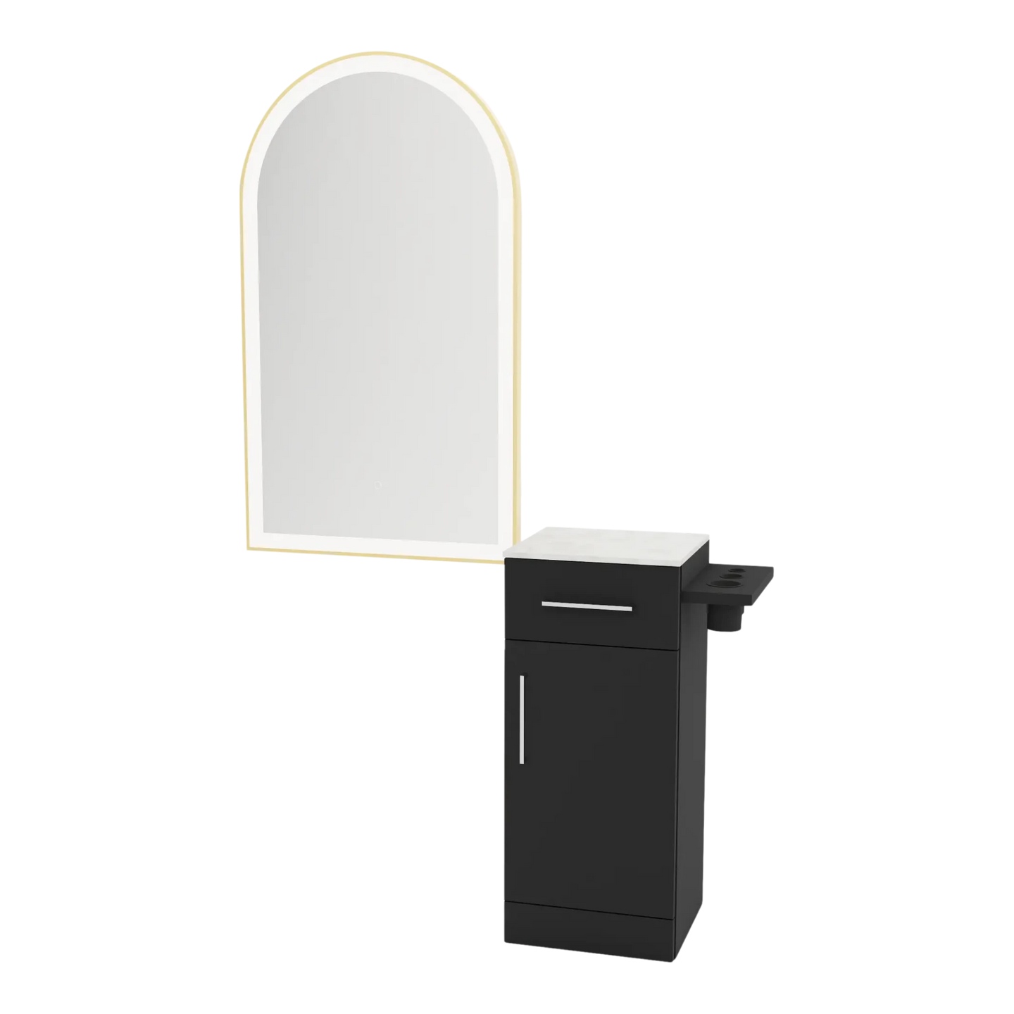 Nova Tower Free Standing Styling Station with Side-Mount Appliance Holder, Solid Surface Countertop, and Gold Arch Paloma Mirror - Kaemark