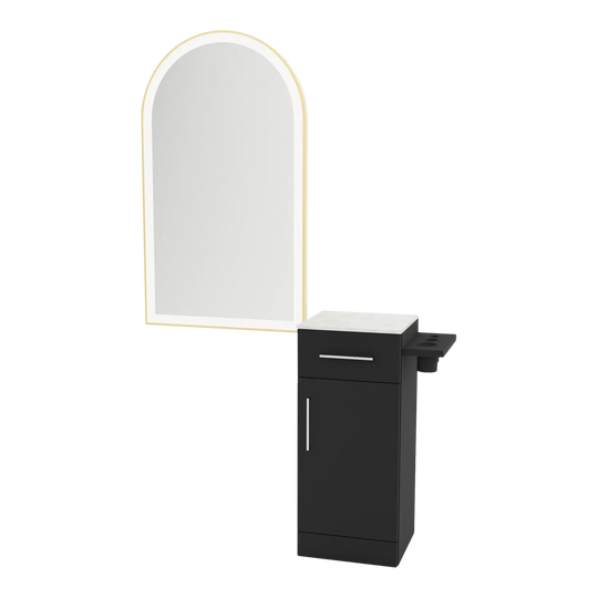 Nova Tower Free Standing Styling Station with Side-Mount Appliance Holder, Solid Surface Countertop, and Gold Arch Paloma Mirror - Kaemark