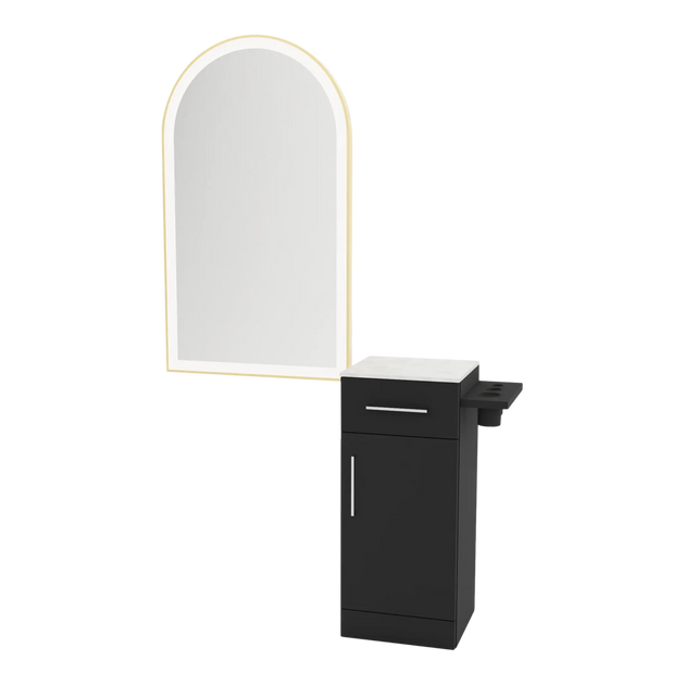 Nova Tower Free Standing Styling Station with Side-Mount Appliance Holder, Solid Surface Countertop, and Gold Arch Paloma Mirror - Kaemark
