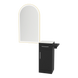 Nova Tower Free Standing Styling Station with Side-Mount Appliance Holder, Solid Surface Countertop, and Gold Arch Paloma Mirror - Kaemark