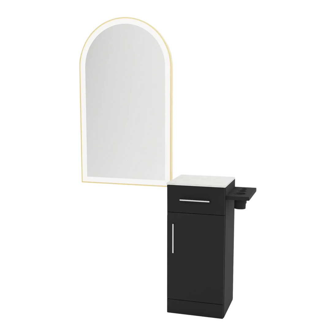 Nova Tower Free Standing Styling Station with Side-Mount Appliance Holder, Solid Surface Countertop, and Gold Arch Paloma Mirror - Kaemark