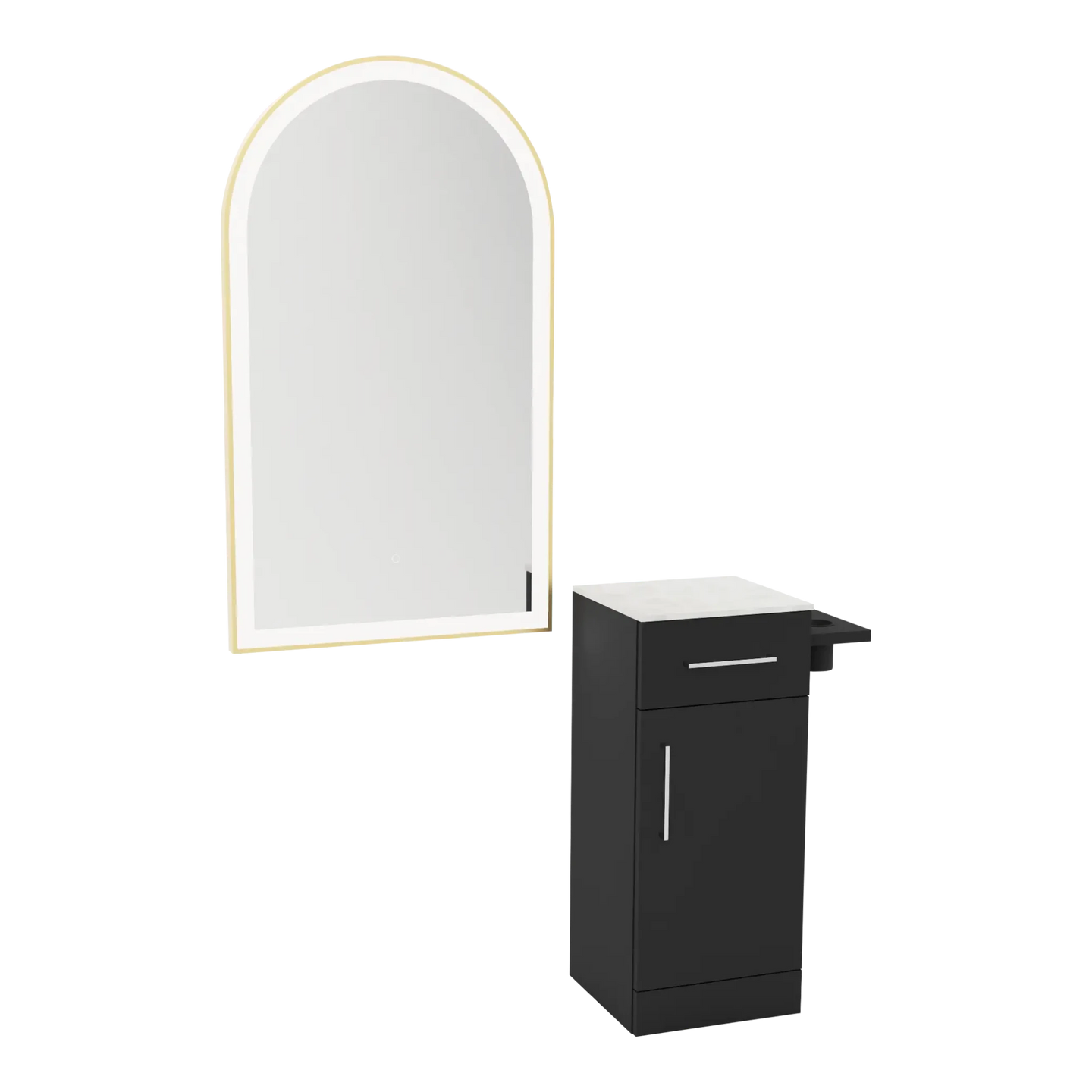 Nova Tower Free Standing Styling Station with Side-Mount Appliance Holder, Solid Surface Countertop, and Gold Arch Paloma Mirror - Kaemark