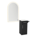 Nova Tower Free Standing Styling Station with Side-Mount Appliance Holder, Solid Surface Countertop, and Gold Arch Paloma Mirror - Kaemark