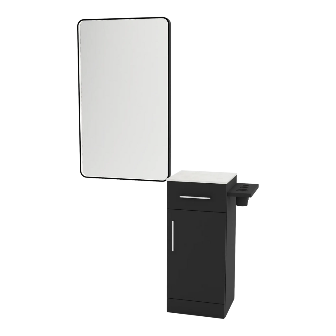 Nova Tower Free Standing Styling Station with Side-Mount Appliance Holder, Solid Surface Countertop, and Black Rectangle Westin Mirror - Kaemark