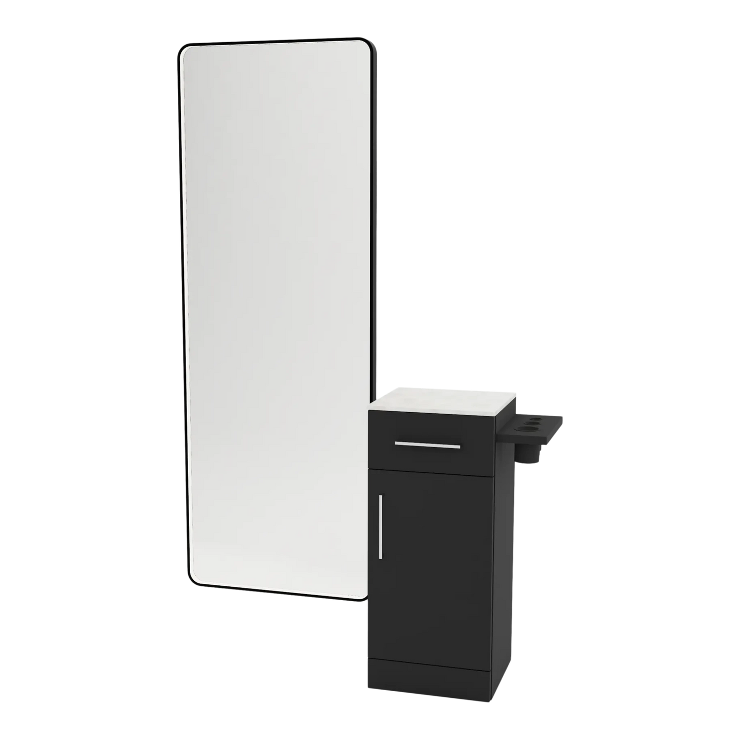 Nova Tower Free Standing Styling Station with Side-Mount Appliance Holder, Solid Surface Countertop, and Black Full-Length Rectangle Westin Mirror - Kaemark