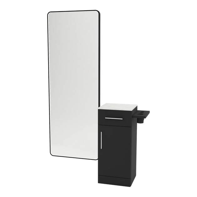 Nova Tower Free Standing Styling Station with Side-Mount Appliance Holder, Solid Surface Countertop, and Black Full-Length Rectangle Westin Mirror - Kaemark