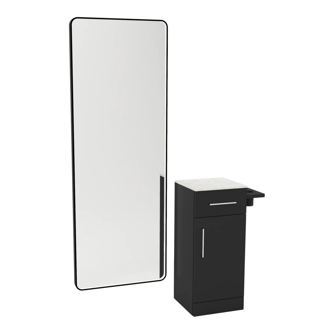 Nova Tower Free Standing Styling Station with Side-Mount Appliance Holder, Solid Surface Countertop, and Black Full-Length Rectangle Westin Mirror - Kaemark