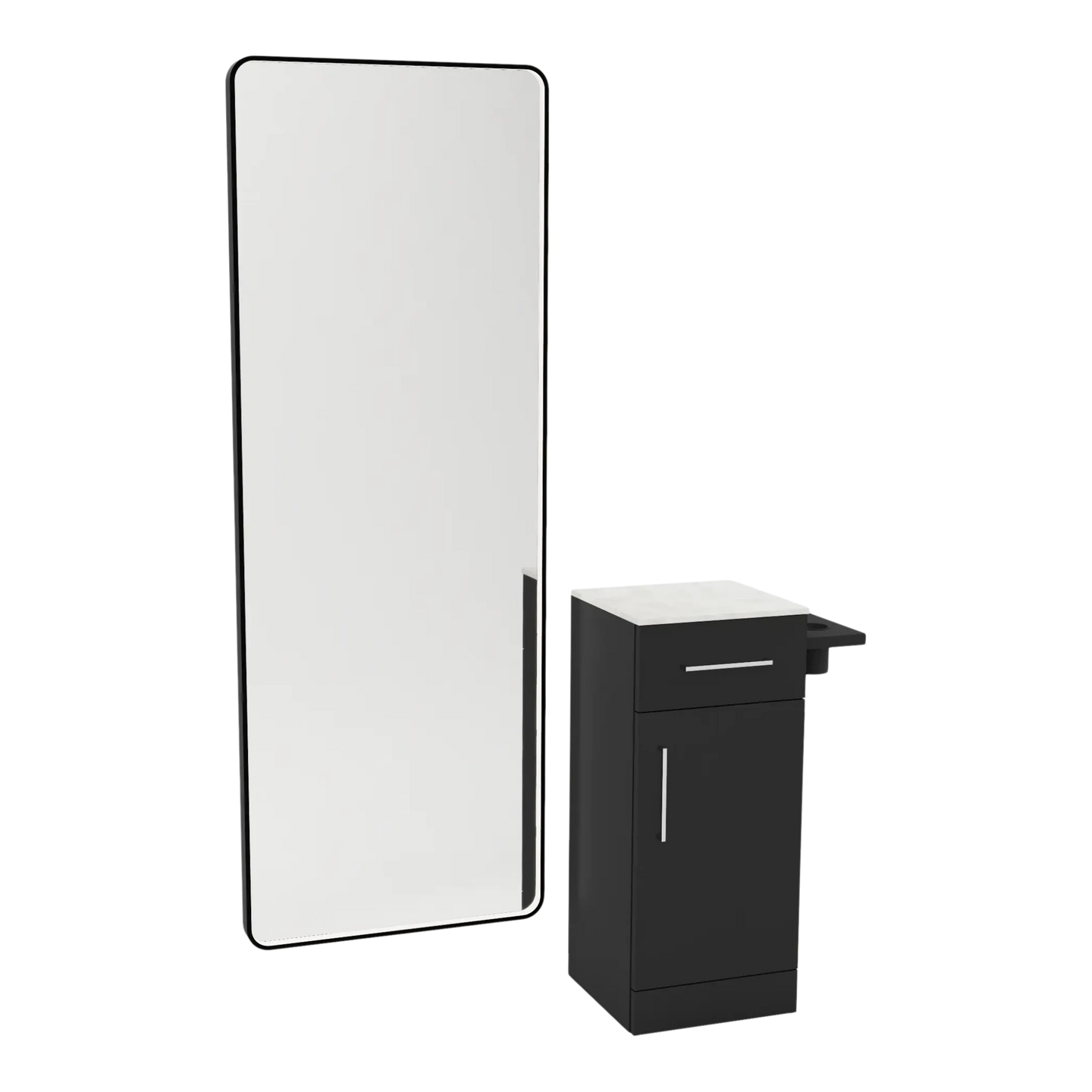 Nova Tower Free Standing Styling Station with Side-Mount Appliance Holder, Solid Surface Countertop, and Black Full-Length Rectangle Westin Mirror - Kaemark