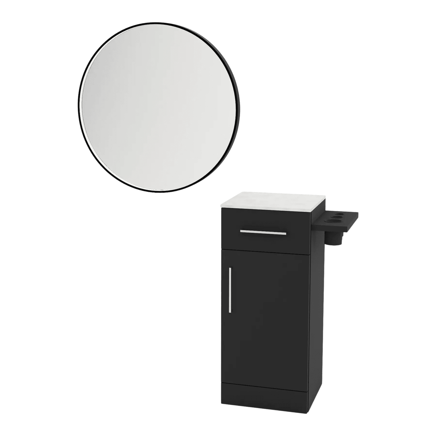 Nova Tower Free Standing Styling Station with Side-Mount Appliance Holder, Solid Surface Countertop, and Black Round Westin Mirror - Kaemark
