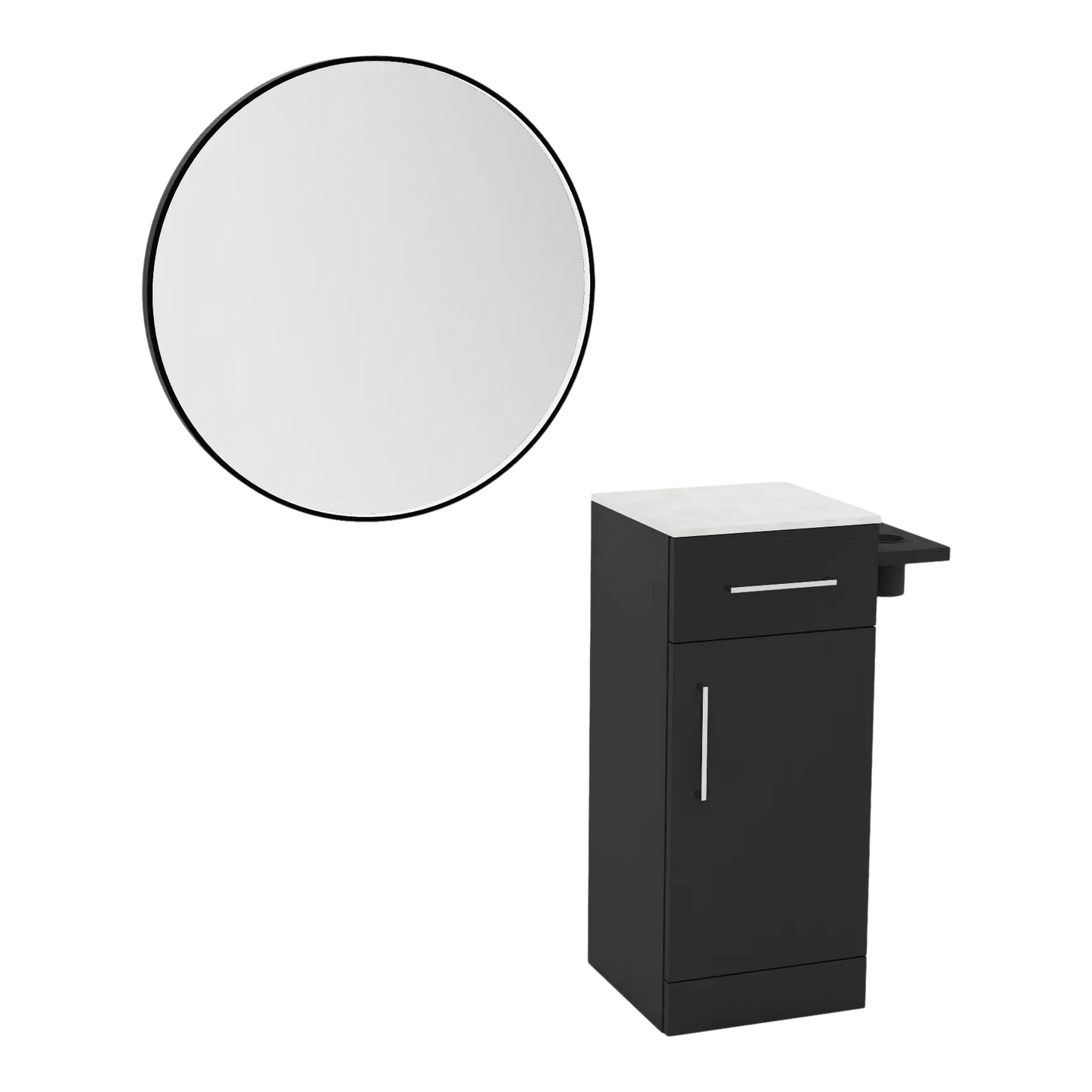 Nova Tower Free Standing Styling Station with Side-Mount Appliance Holder, Solid Surface Countertop, and Black Round Westin Mirror - Kaemark
