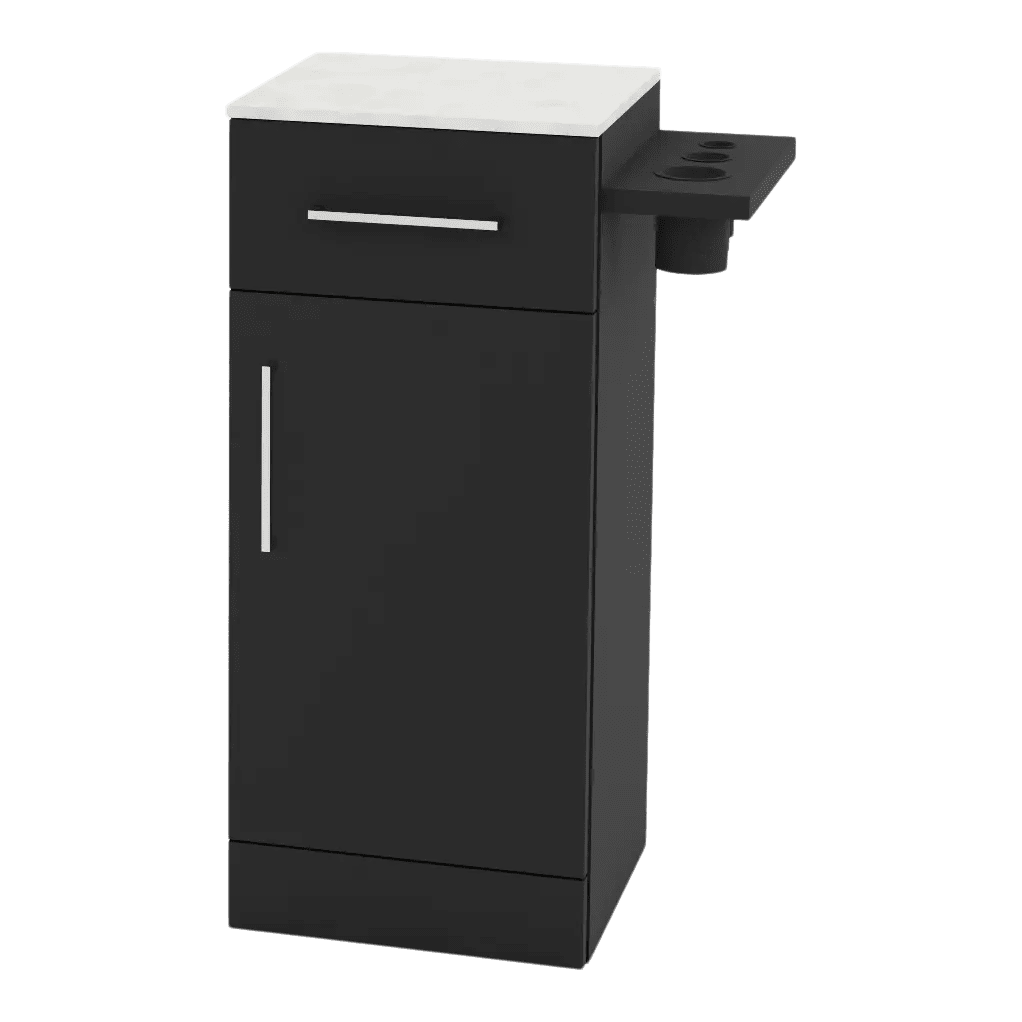 Nova Tower Free Standing Styling Station with Side-Mount Appliance Holder and Solid Surface Countertop (Cabinet Only) - Kaemark
