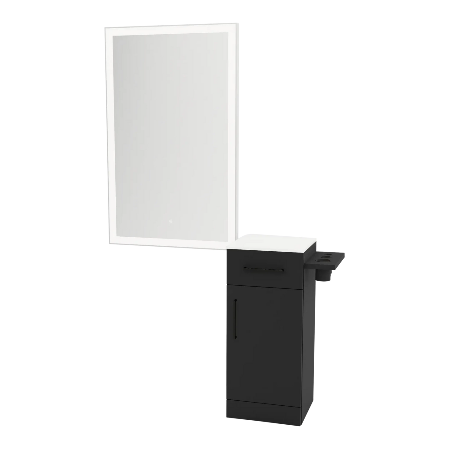 Nova Wall Mount Styling Station with Concealed Appliance Holder, Solid Surface Countertop, and Silver Rectangle Glo Mirror - Kaemark