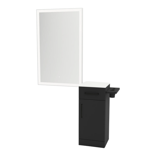 Nova Wall Mount Styling Station with Concealed Appliance Holder, Solid Surface Countertop, and Silver Rectangle Glo Mirror - Kaemark