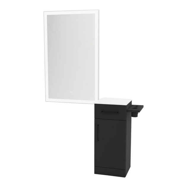 Nova Wall Mount Styling Station with Concealed Appliance Holder, Solid Surface Countertop, and Silver Rectangle Glo Mirror - Kaemark