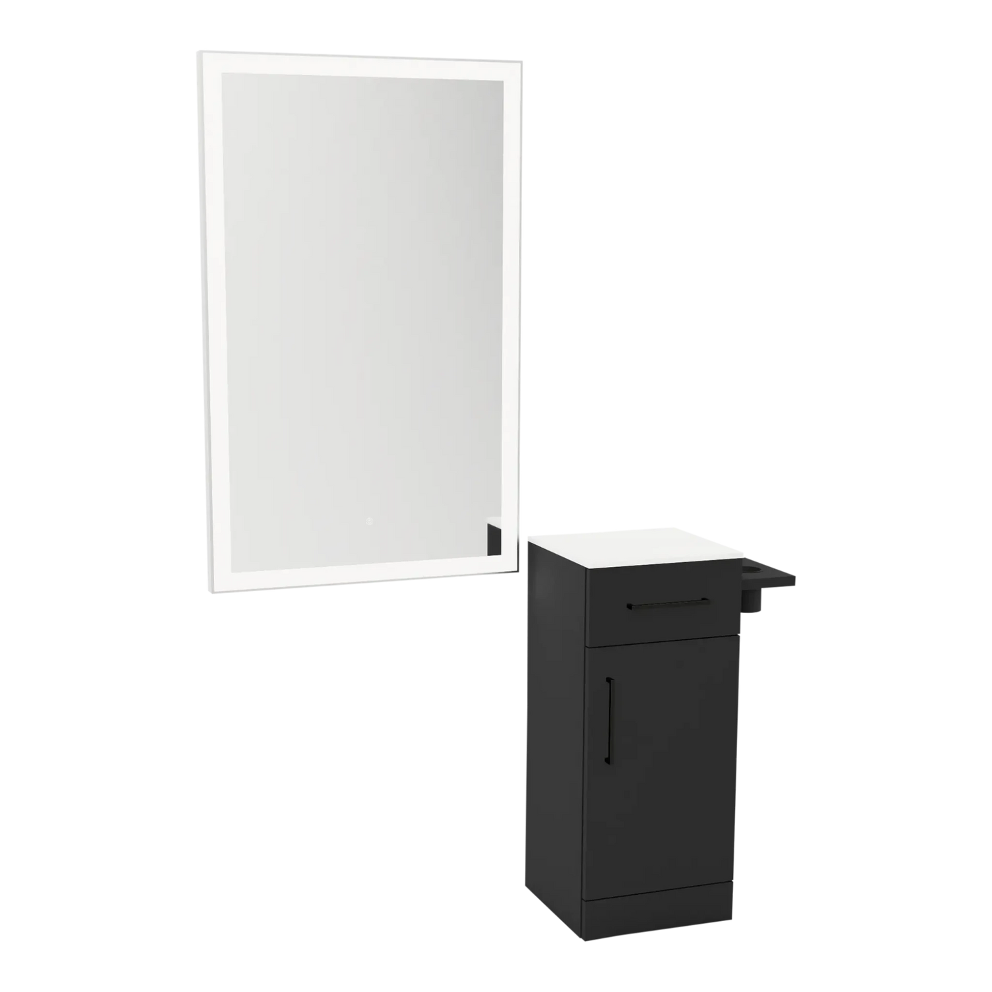 Nova Wall Mount Styling Station with Concealed Appliance Holder, Solid Surface Countertop, and Silver Rectangle Glo Mirror - Kaemark