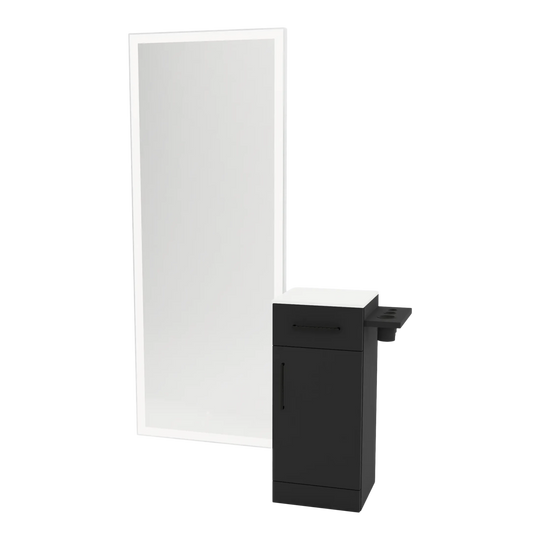 Nova Tower Free Standing Styling Station with Side-Mount Appliance Holder, Solid Surface Countertop, and Silver Full-Length Rectangle Glo Mirror - Kaemark