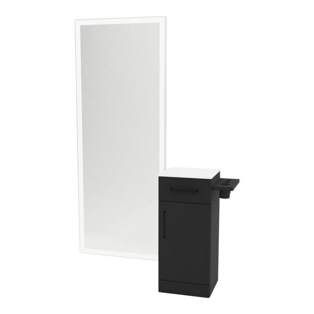 Nova Tower Free Standing Styling Station with Side-Mount Appliance Holder, Solid Surface Countertop, and Silver Full-Length Rectangle Glo Mirror - Kaemark