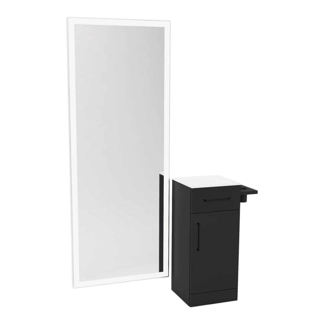 Nova Tower Free Standing Styling Station with Side-Mount Appliance Holder, Solid Surface Countertop, and Silver Full-Length Rectangle Glo Mirror - Kaemark