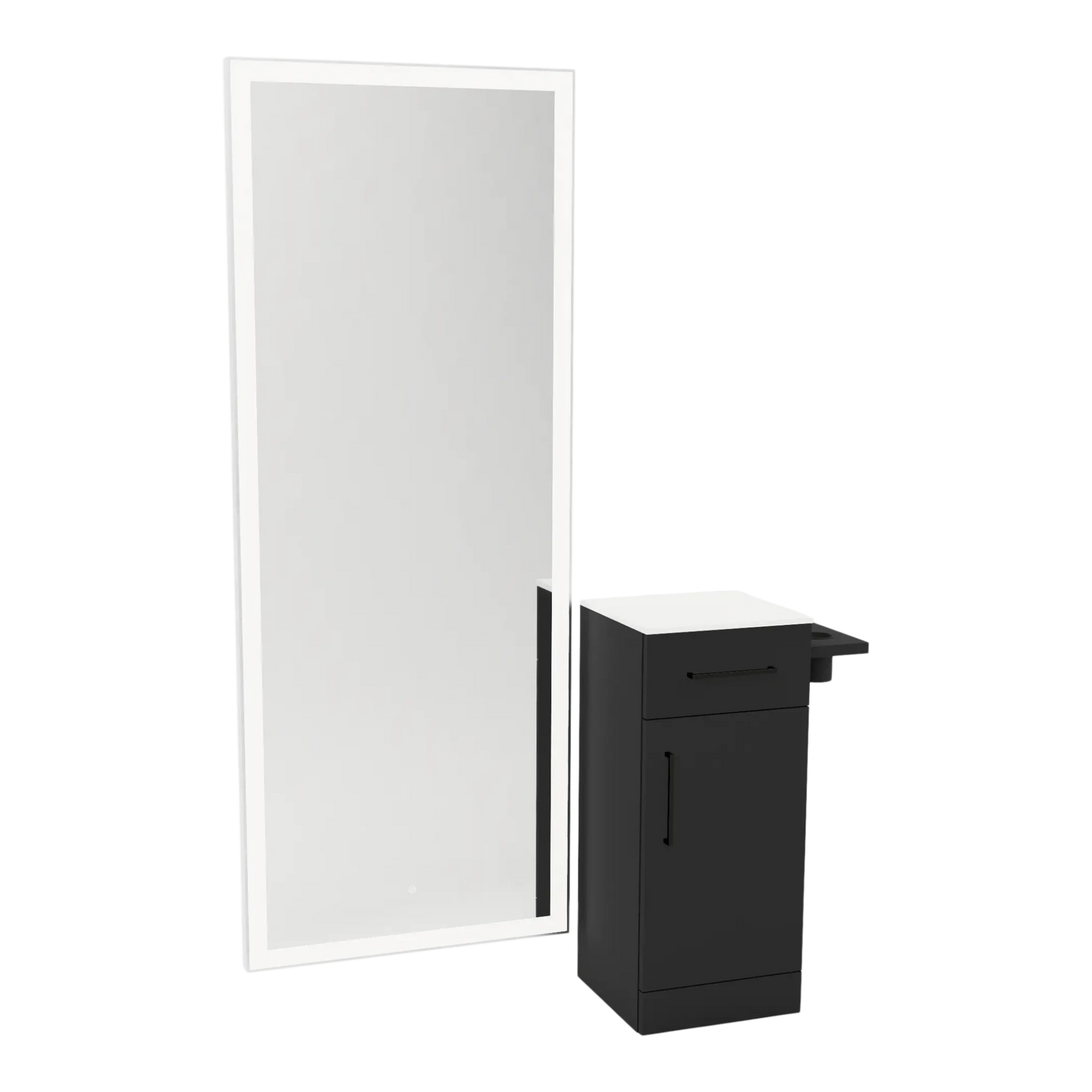 Nova Tower Free Standing Styling Station with Side-Mount Appliance Holder, Solid Surface Countertop, and Silver Full-Length Rectangle Glo Mirror - Kaemark