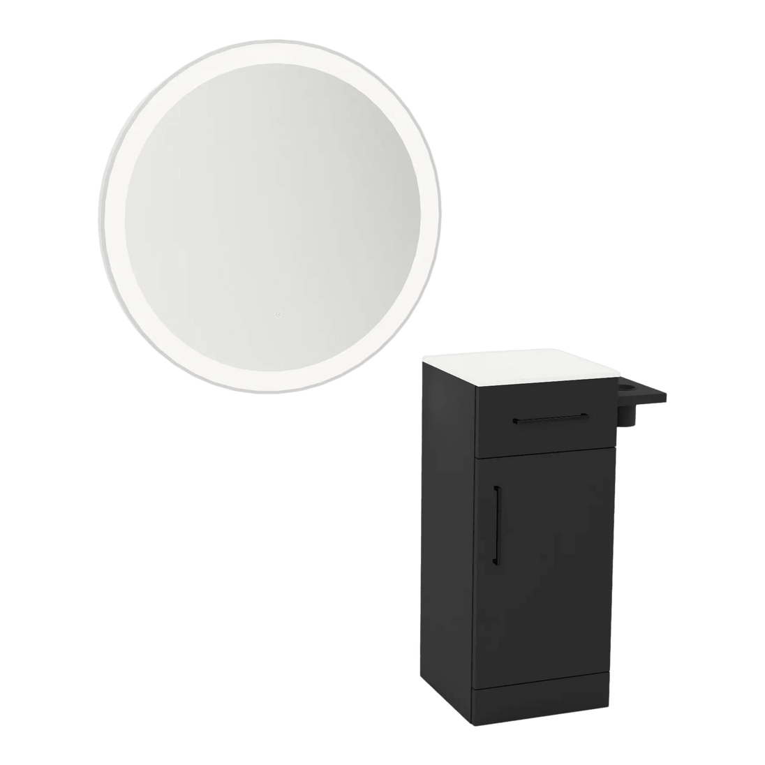 Nova Tower Free Standing Styling Station with Side-Mount Appliance Holder, Solid Surface Countertop, and Silver Round Glo Mirror - Kaemark