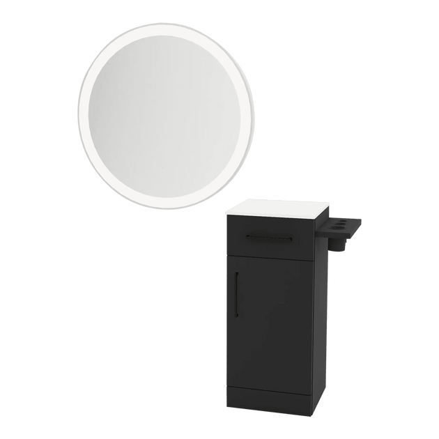Nova Tower Free Standing Styling Station with Side-Mount Appliance Holder, Solid Surface Countertop, and Silver Round Glo Mirror - Kaemark