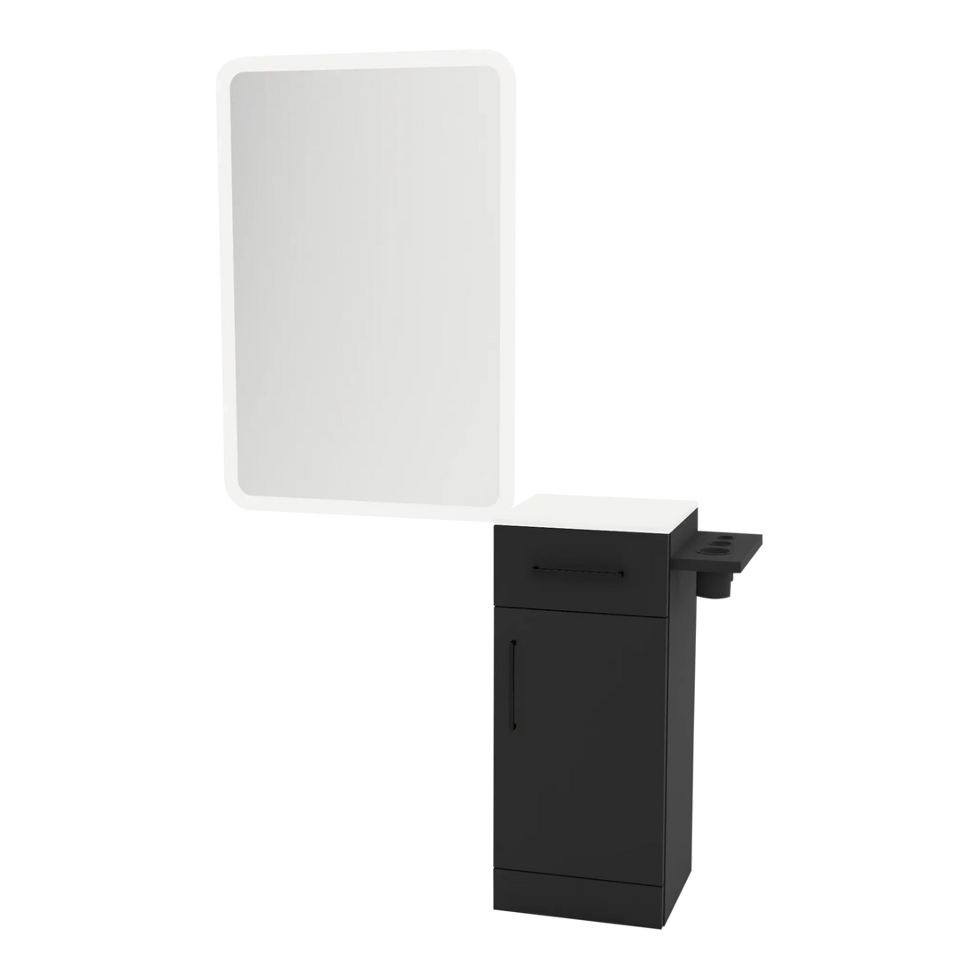 Nova Tower Free Standing Styling Station with Side-Mount Appliance Holder, Solid Surface Countertop, and White Rectangle Illuminate Back Lit Mirror - Kaemark