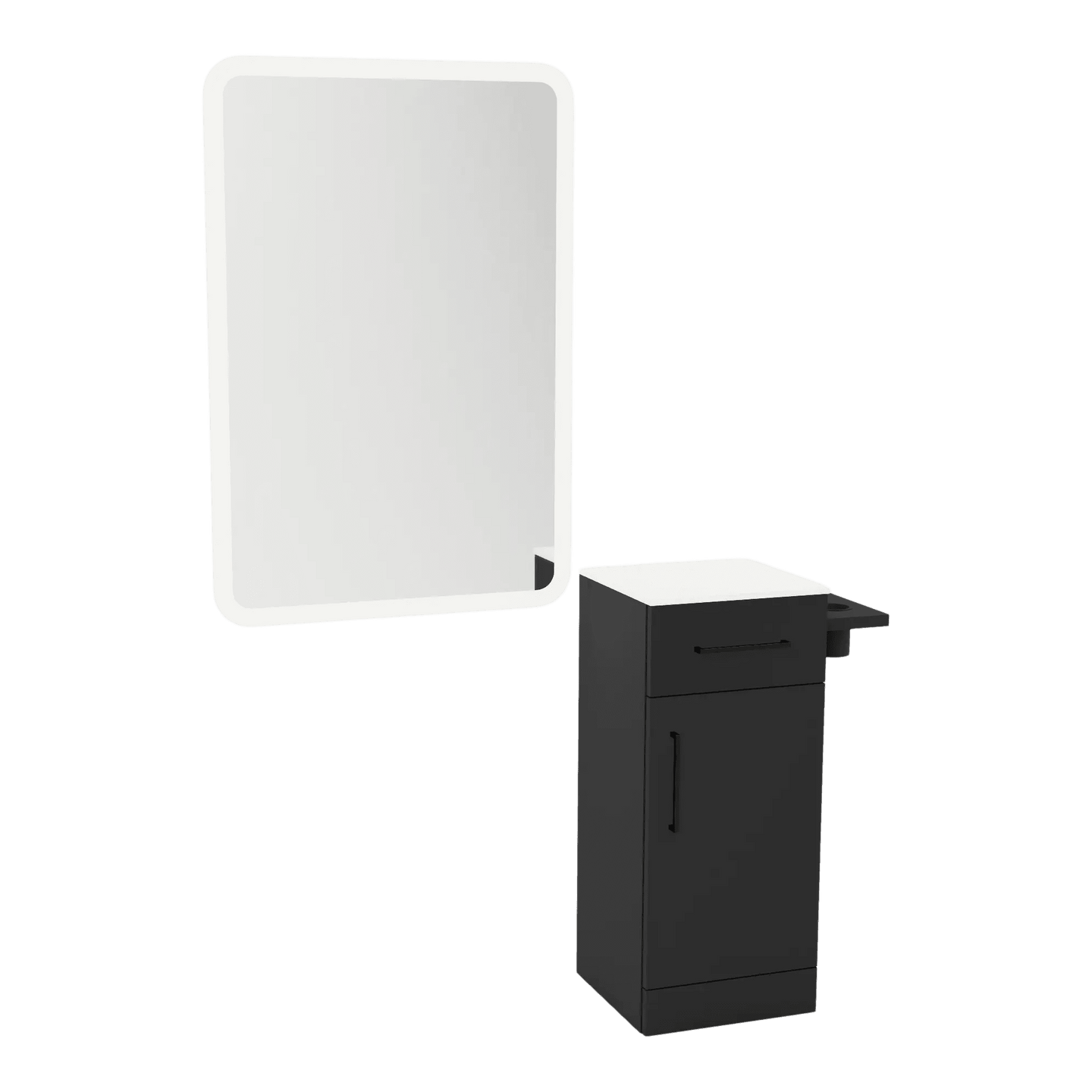 Nova Tower Free Standing Styling Station with Side-Mount Appliance Holder, Solid Surface Countertop, and White Rectangle Illuminate Back Lit Mirror - Kaemark