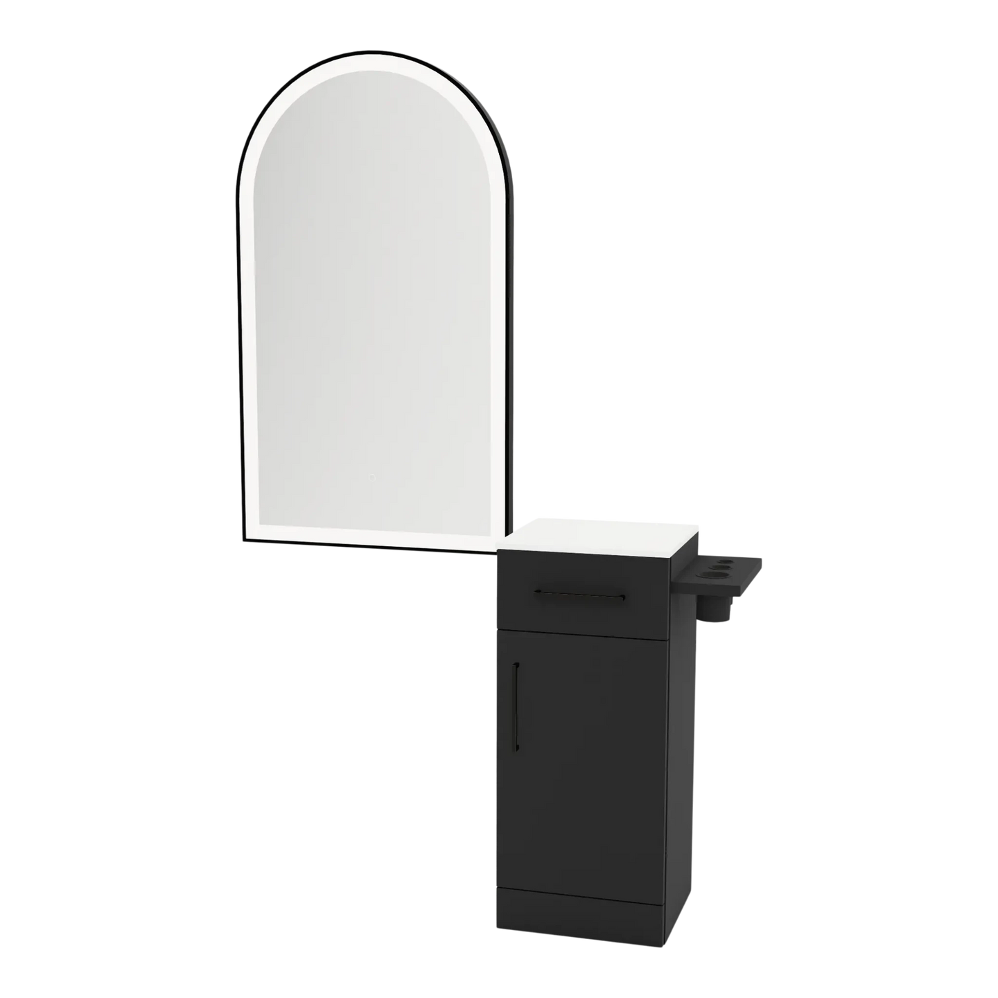 Nova Tower Free Standing Styling Station with Side-Mount Appliance Holder, Solid Surface Countertop, and Black Arch Paloma Mirror - Kaemark