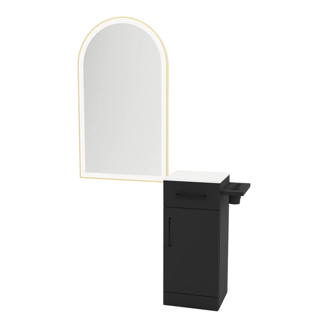 Nova Tower Free Standing Styling Station with Side-Mount Appliance Holder, Solid Surface Countertop, and Gold Arch Paloma Mirror - Kaemark