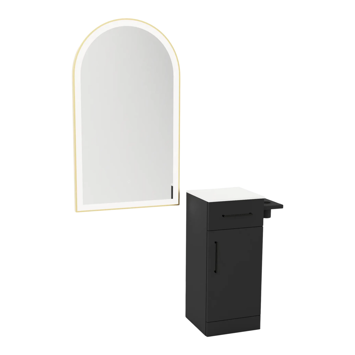 Nova Tower Free Standing Styling Station with Side-Mount Appliance Holder, Solid Surface Countertop, and Gold Arch Paloma Mirror - Kaemark