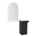 Nova Tower Free Standing Styling Station with Side-Mount Appliance Holder, Solid Surface Countertop, and Gold Arch Paloma Mirror - Kaemark