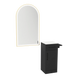 Nova Tower Free Standing Styling Station with Side-Mount Appliance Holder, Solid Surface Countertop, and Gold Arch Paloma Mirror - Kaemark