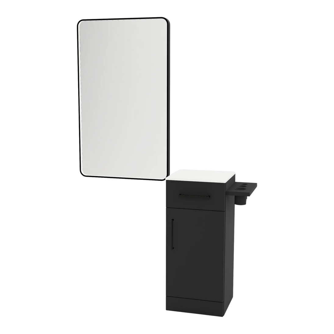 Nova Tower Free Standing Styling Station with Side-Mount Appliance Holder, Solid Surface Countertop, and Black Rectangle Westin Mirror - Kaemark