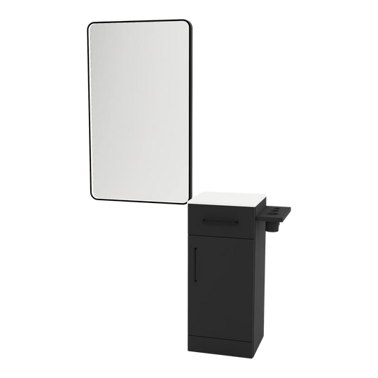 Nova Tower Free Standing Styling Station with Side-Mount Appliance Holder, Solid Surface Countertop, and Black Rectangle Westin Mirror - Kaemark
