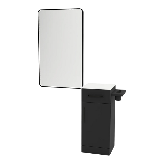 Nova Tower Free Standing Styling Station with Side-Mount Appliance Holder, Solid Surface Countertop, and Black Rectangle Westin Mirror - Kaemark