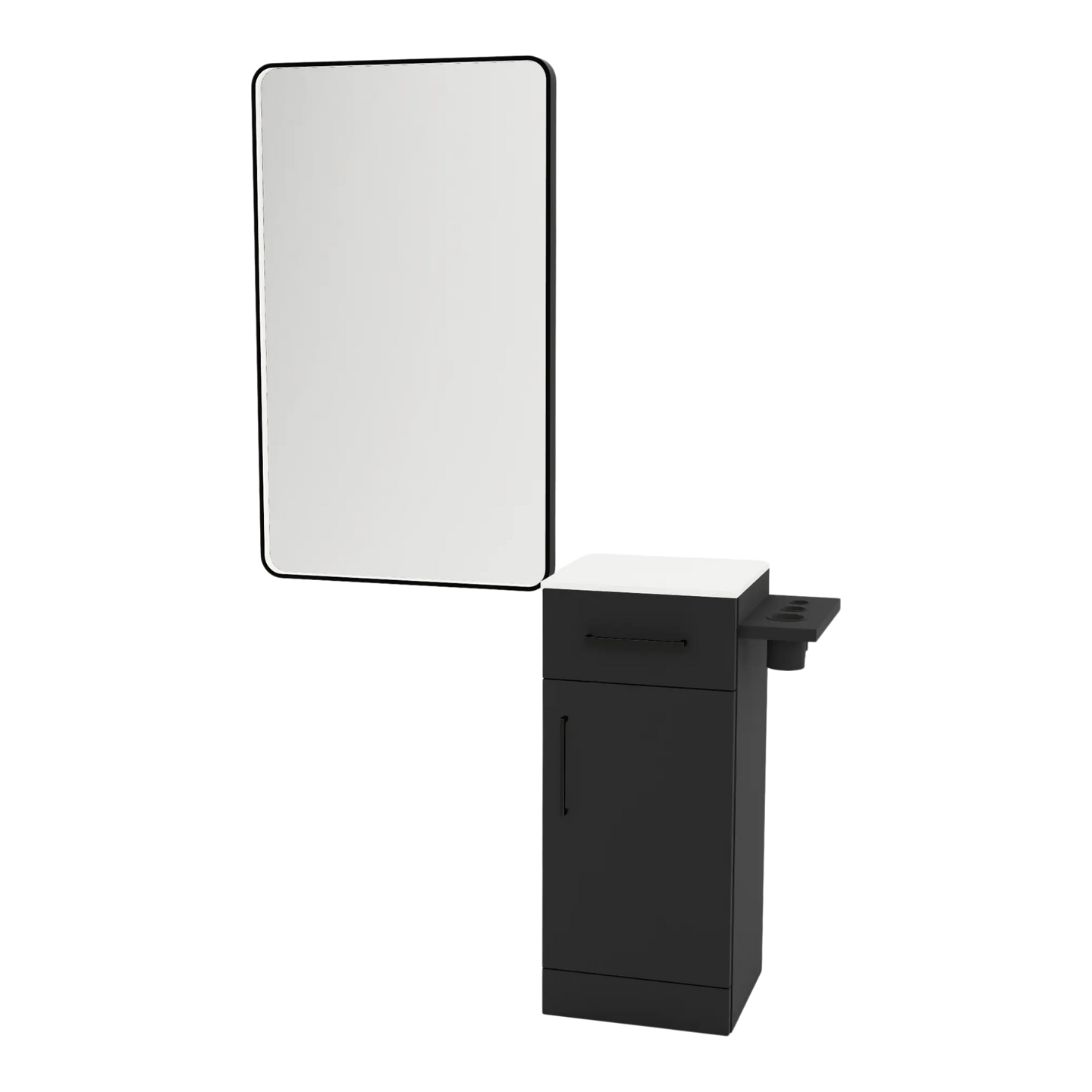 Nova Tower Free Standing Styling Station with Side-Mount Appliance Holder, Solid Surface Countertop, and Black Rectangle Westin Mirror - Kaemark