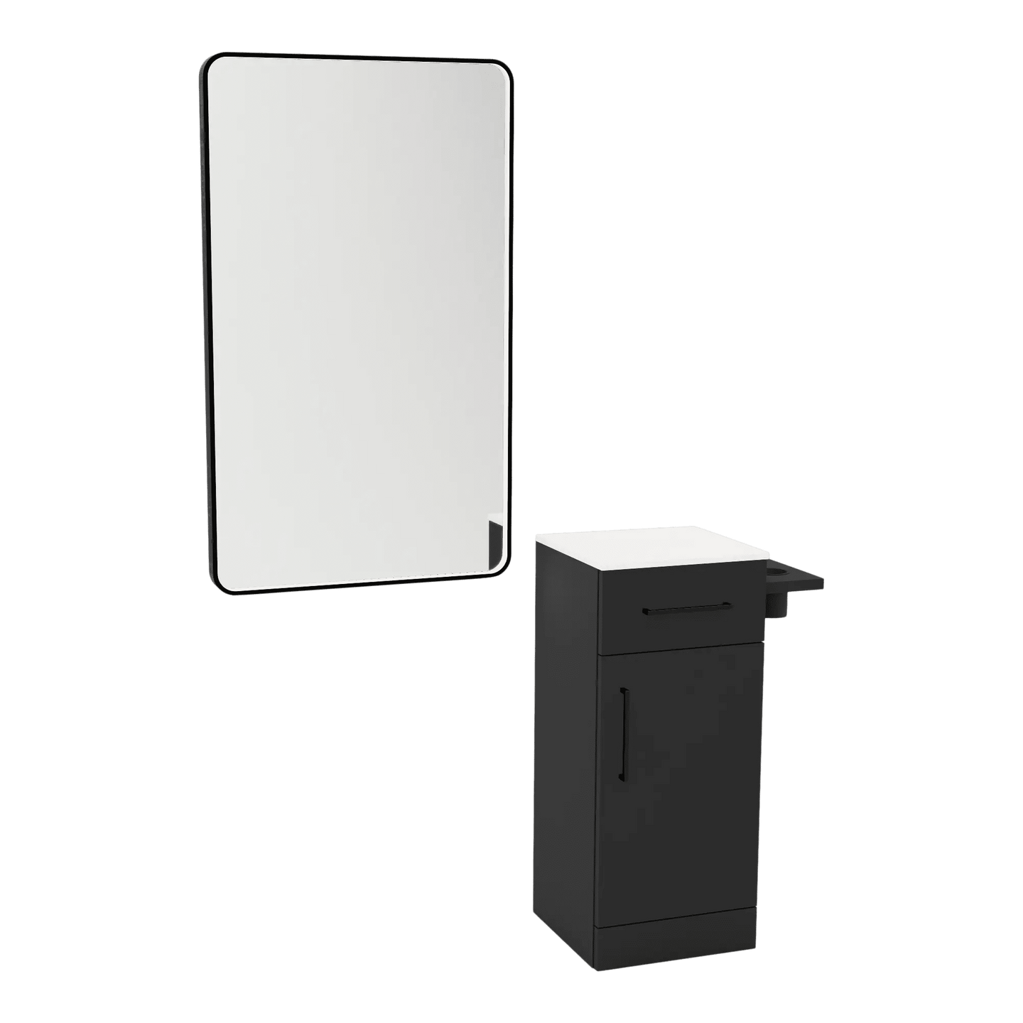 Nova Tower Free Standing Styling Station with Side-Mount Appliance Holder, Solid Surface Countertop, and Black Rectangle Westin Mirror - Kaemark