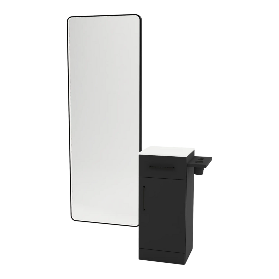Nova Tower Free Standing Styling Station with Side-Mount Appliance Holder, Solid Surface Countertop, and Black Full-Length Rectangle Westin Mirror - Kaemark