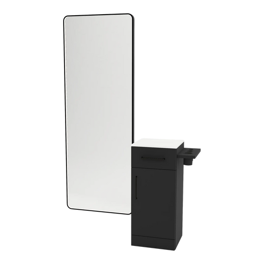 Nova Tower Free Standing Styling Station with Side-Mount Appliance Holder, Solid Surface Countertop, and Black Full-Length Rectangle Westin Mirror - Kaemark