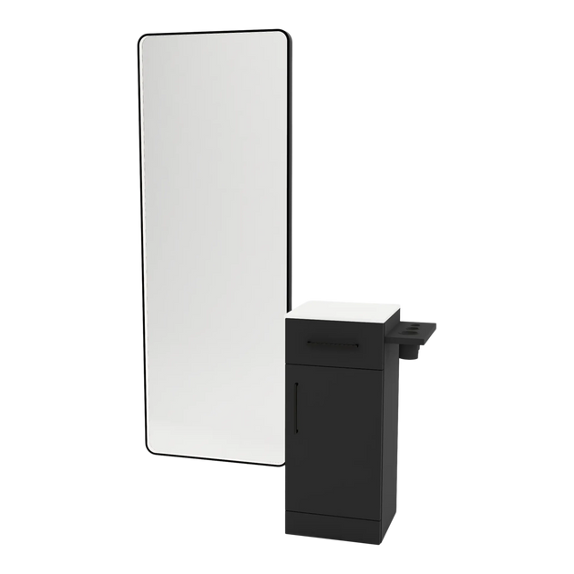 Nova Tower Free Standing Styling Station with Side-Mount Appliance Holder, Solid Surface Countertop, and Black Full-Length Rectangle Westin Mirror - Kaemark