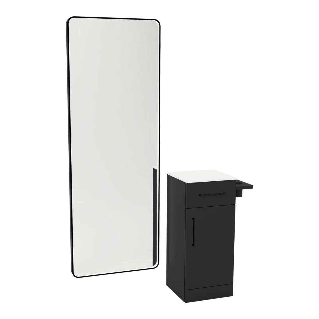 Nova Tower Free Standing Styling Station with Side-Mount Appliance Holder, Solid Surface Countertop, and Black Full-Length Rectangle Westin Mirror - Kaemark
