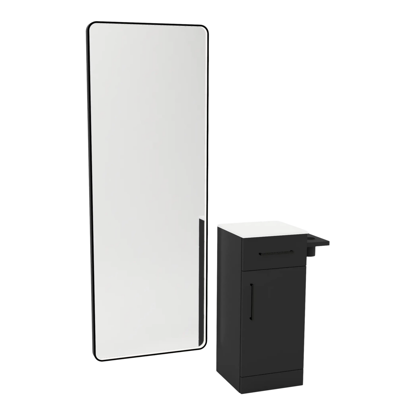 Nova Tower Free Standing Styling Station with Side-Mount Appliance Holder, Solid Surface Countertop, and Black Full-Length Rectangle Westin Mirror - Kaemark
